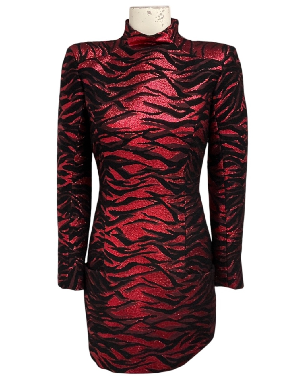 Balmain Red / Black Metallic Animal Print Mini Cocktail Dress